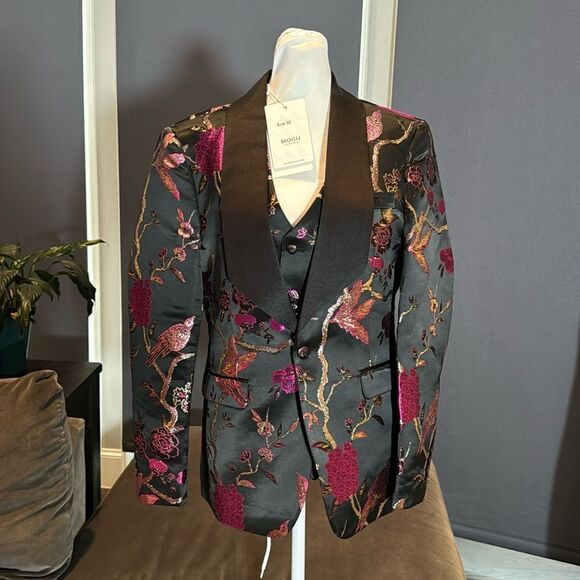 Men’s Floral Black Tuxedo Jacket & Vest Set Shawl Lapel Formal Party Size 30 NWT - Picture 1 of 13